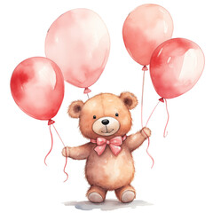 Watercolor bear holding balloons in hand