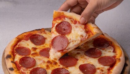 Hand picking slice of pepperoni pizza