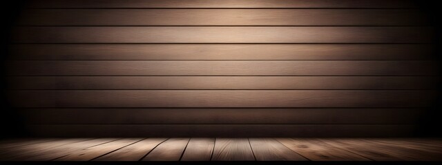 An old wooden table against the background of a dark brown room made of boards. Wood background for advertisement and design.