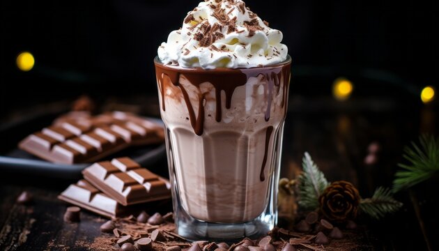 Deliciously frothy hot chocolate milkshake with whipped cream topping, served in a classic glass