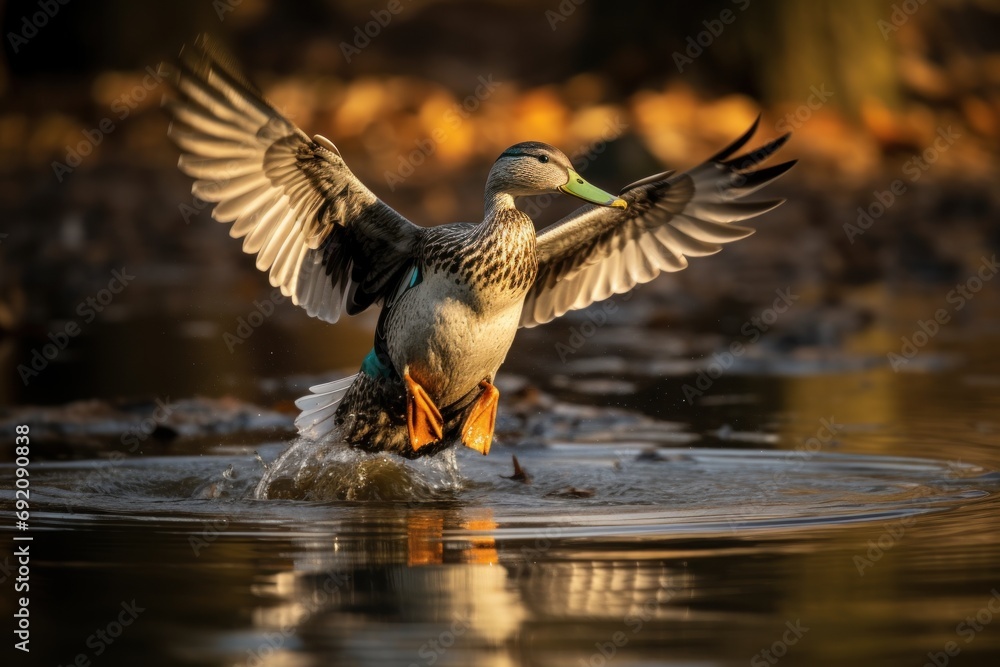 Poster a duck flapping it's wings in a body of water with it's wings spread wide open.