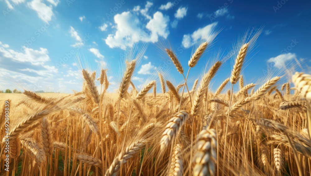 Poster a field of ripe wheat under a blue sky with a few clouds in the middle of the day with a few wispy c