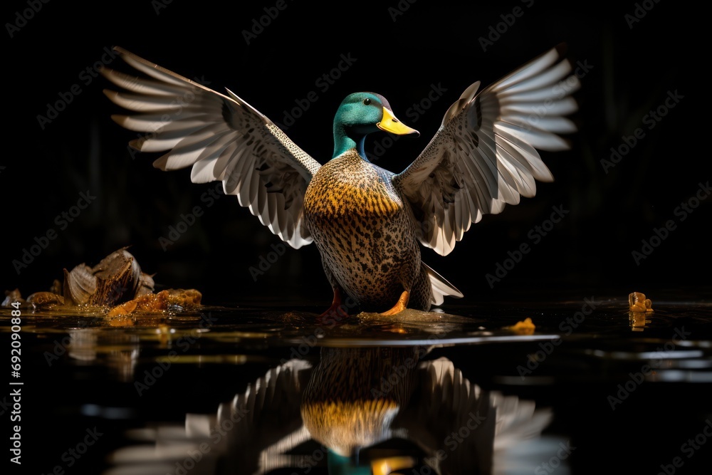 Poster a duck flapping its wings while standing on a body of water with its wings spread out and its reflec