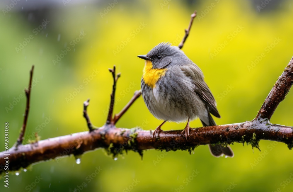 Poster a small bird perched on top of a tree branch with rain falling down on it's head and a green field i