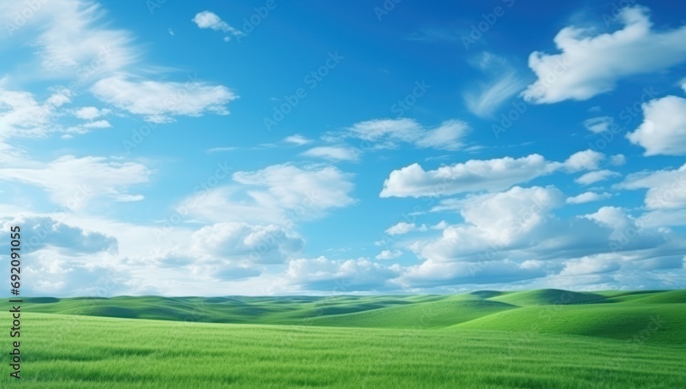 Poster a large field of green grass under a blue sky with some clouds in the background and a lone tree in 