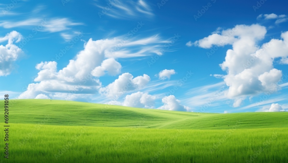 Poster a field of green grass under a blue sky with some clouds in the sky and some clouds in the sky.