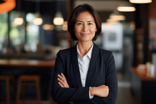 Happy middle aged business asianwoman ceo standing in office with arms crossed. Smiling mature confident professional executive manager, proud lawyer, business leader in suit