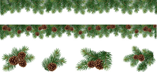 Realistic vector Christmas isolated tree branches garland and collections of Christmas tree branch with pine cones	 - obrazy, fototapety, plakaty