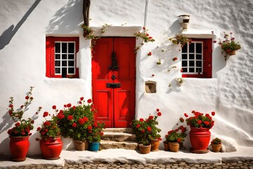A vibrant red door set against a whitewashed wall, evoking a sense of warmth and welcome in a charming village.