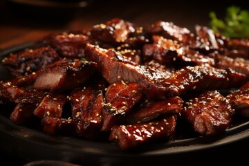 Close up shot of mouthwatering sliced barbecue pork ribs, ready to be savored with tangy sauce - obrazy, fototapety, plakaty