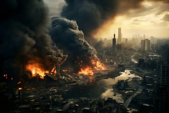 Seemless loop of a fire burning a ruin apocalyptic environment after war. 