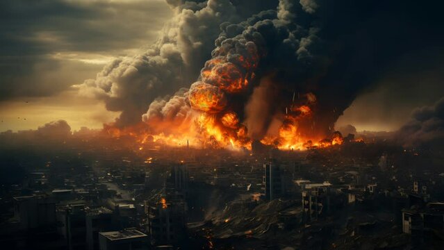 Seemless loop of a fire burning a ruin apocalyptic environment after war. 