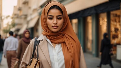 Young stylish Arabic woman in hijab dreamily walking around street with shopping bags