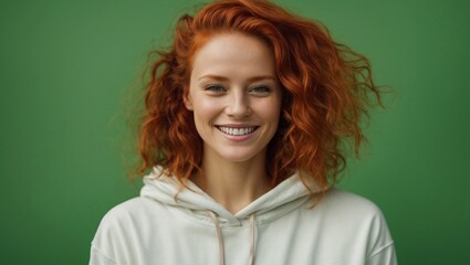 Obraz premium smiling redhead caucasian Woman wearing blank white hoodie isolated on solid bright green background