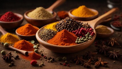 gleaming wooden spoon delicately holding a colorful assortment of aromatic spices, evoking a deep sense of culinary love