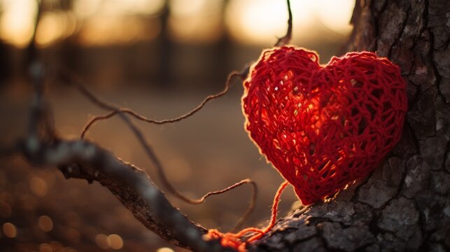 Valentines day card, red heart on a tree, blur background at sunset, copy space	