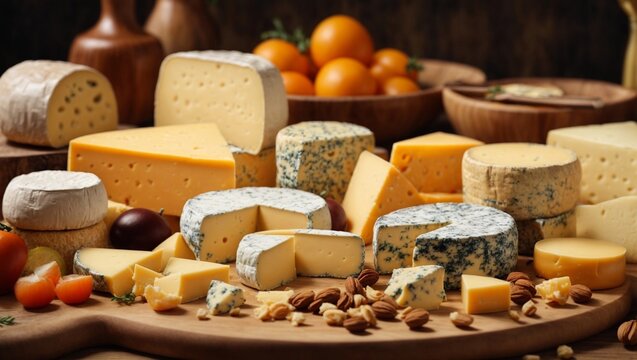 Assortment of cheese on wooden table, closeup. Dairy products. Cheese Selection. Large assortment of international cheese specialities