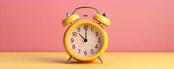 Old alarm clock on yellow pink background. copy space for text
