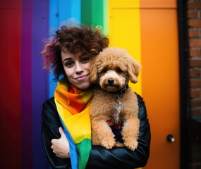 LGBT woman embracing a dog next to rainbow flag