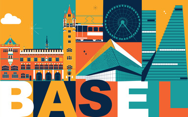 Typography word "Basel" branding technology concept. Collection of flat vector web icons. Culture travel set, famous architectures, specialties detailed silhouette. Switzerland famous landmark