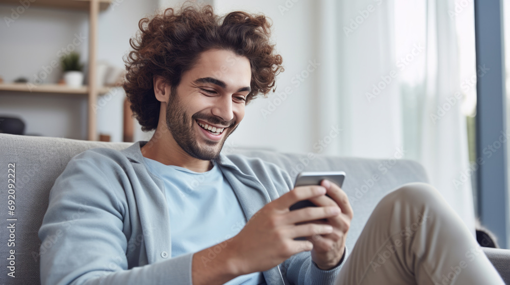 Canvas Prints A man sits on the couch at home and smiles holding his smartphone in his hands