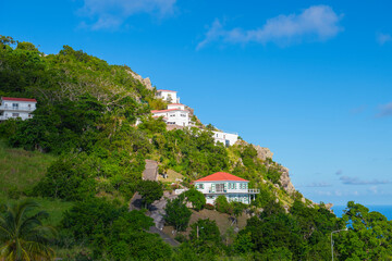 Historic residential buildings aerial view in Windwardside historic town center in Saba, Caribbean Netherlands. 