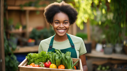 Female farmer holds a wooden box of fresh vegetables