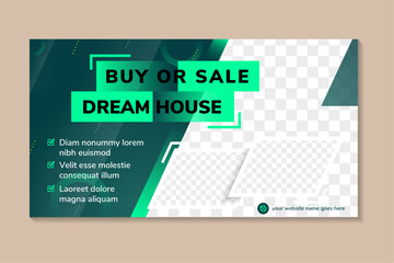 Modern dream house for buy or sale social media cover banner template and Horizontal layout web banner design. multicolor green gradient with space for photo collage. circle line pattern.