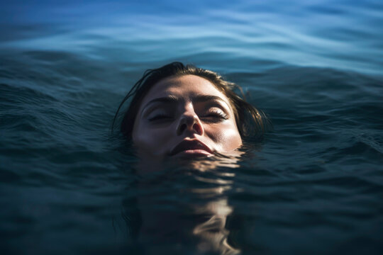 Generative AI image of a serene woman floating in water