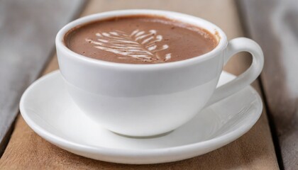 White cup of hot chocolate on wooden table