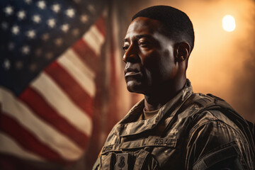 Obraz premium Soldier and USA flag on sunrise background. Veterans Day. 