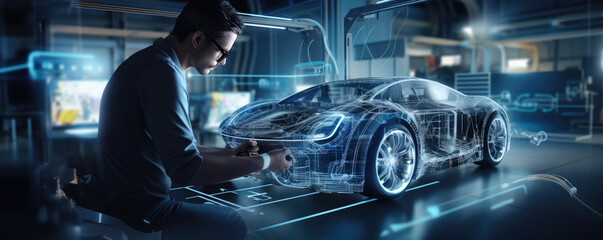 Car or automotive manager works on electric car technology. Future of cars design - obrazy, fototapety, plakaty