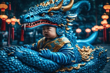 Naklejka premium monk child with Chinese dragon 