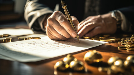 Close-up of a person's hand signing a document with a luxurious pen - obrazy, fototapety, plakaty