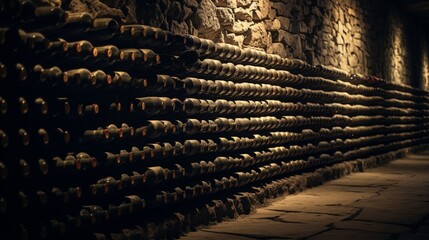 An array of wine bottles, corks partially visible, lined up against a stone wall in a dim cellar.