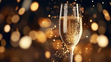 An elegant flute of Prosecco with rising bubbles, set against a background of a festive party.