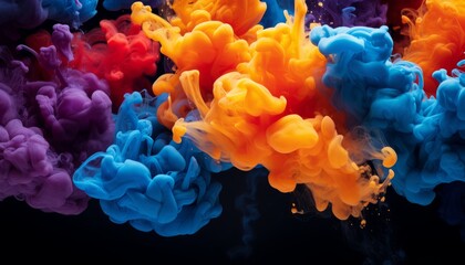 Fototapeta premium Captivating fusion of vibrant liquid colors and ink droplets forming abstract cloud formations