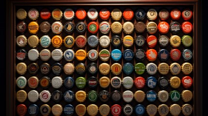 A beer bottle cap collection displayed in a shadow box, with soft lighting emphasizing the variety of colors and designs.