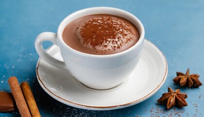 Obraz na płótnie Canvas White cup of hot chocolate on blue background