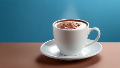 White cup of hot chocolate on blue background	

