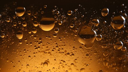 A close-up of a lager beer's golden hue and carbonation bubbles rising to the surface, against a dark backdrop.