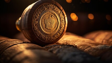 A close-up of a whisky bottle's cork, focusing on the textures and the brand's emblem embossed on...