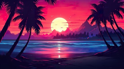 sunset at exotic tropical beach with palm trees and sea, colorful illustration in style of purple and orange, beauty at nature - obrazy, fototapety, plakaty