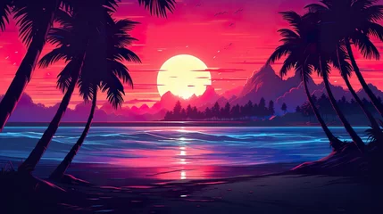 Foto op Canvas sunset at exotic tropical beach with palm trees and sea, colorful illustration in style of purple and orange, beauty at nature © goami