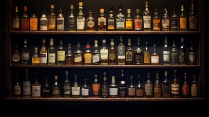 A collection of rare whisky miniatures, each with a distinct label, displayed on a vintage wooden shelf. - obrazy, fototapety, plakaty