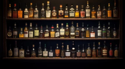 Foto op Canvas A collection of rare whisky miniatures, each with a distinct label, displayed on a vintage wooden shelf. © Ai Studio