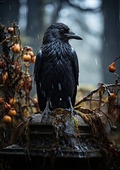Obraz premium black crow sitting on top of a gravestone in a cemetary