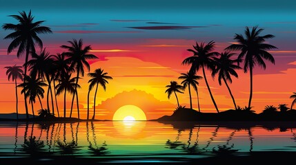 Fototapeta na wymiar sunset at exotic tropical beach with palm trees and sea, colorful illustration in style of purple and orange, beauty at nature