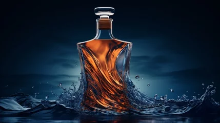 Foto op Plexiglas A conceptual image of a whisky bottle with a transparent, wave-like design, symbolizing the movement of the liquid, set against a deep blue, oceanic backdrop. © Ai Studio