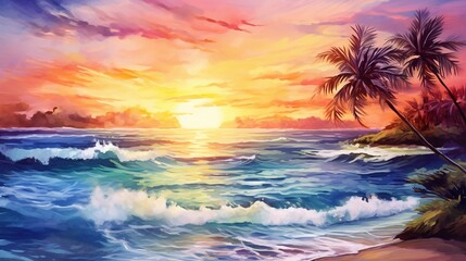 sunset at exotic tropical beach with palm trees and sea, colorful illustration in style of watercolor ink, beauty at nature - obrazy, fototapety, plakaty